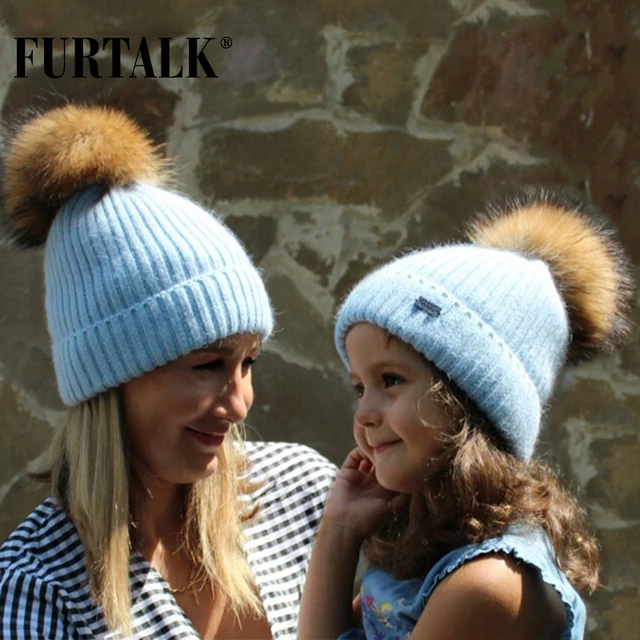 FURTALK winter rabbit fur pom pom hats for women warm knit skullies hat beanie for girls