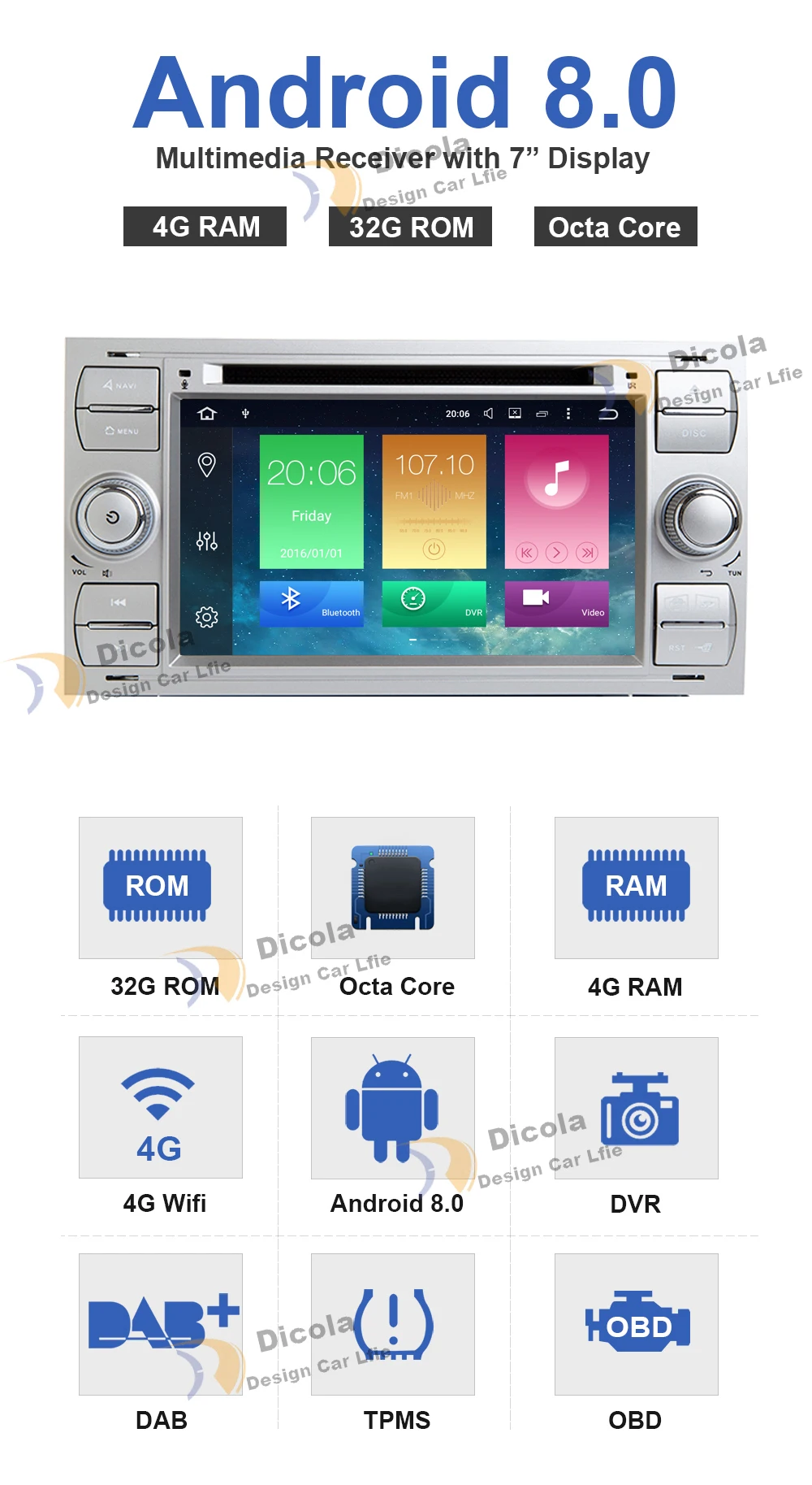 Flash Deal 4GRAM 32G ROM Android 8.0 Car DVD Player For Ford/Focus/Mondeo/Transit/C-MAX/Fiest With GPS Navigation Radio BT 1080P+MAP 5