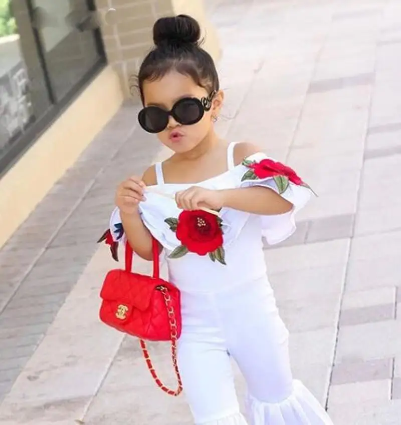 

Toddler Baby Girls Off Shoulder Floral Outfits 3D Embroidery Rose Belt T-Shirt Top Long Flare Pants Ruffled Clothes Set