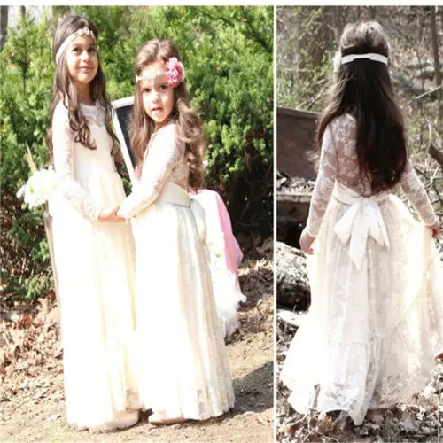 

Kids baby girl clothe Lace Wedding Princess Gown Pageant dress long sleeve ruffles Dress 2-7y
