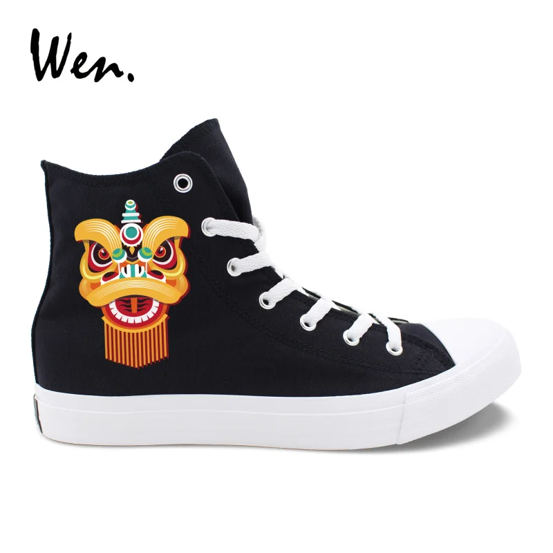 

Wen Design Chinoiserie lionhead Traditional New Year Lion Canvas Sneakers Women Black High Top Men Walking Sports Shoes White