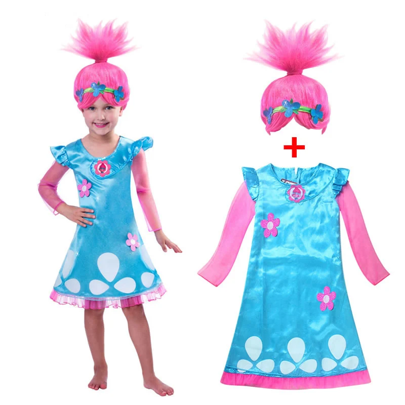 Kids Girls Trolls Casual Dress Sleepwear Halloween Party Cosplay Costume Wig