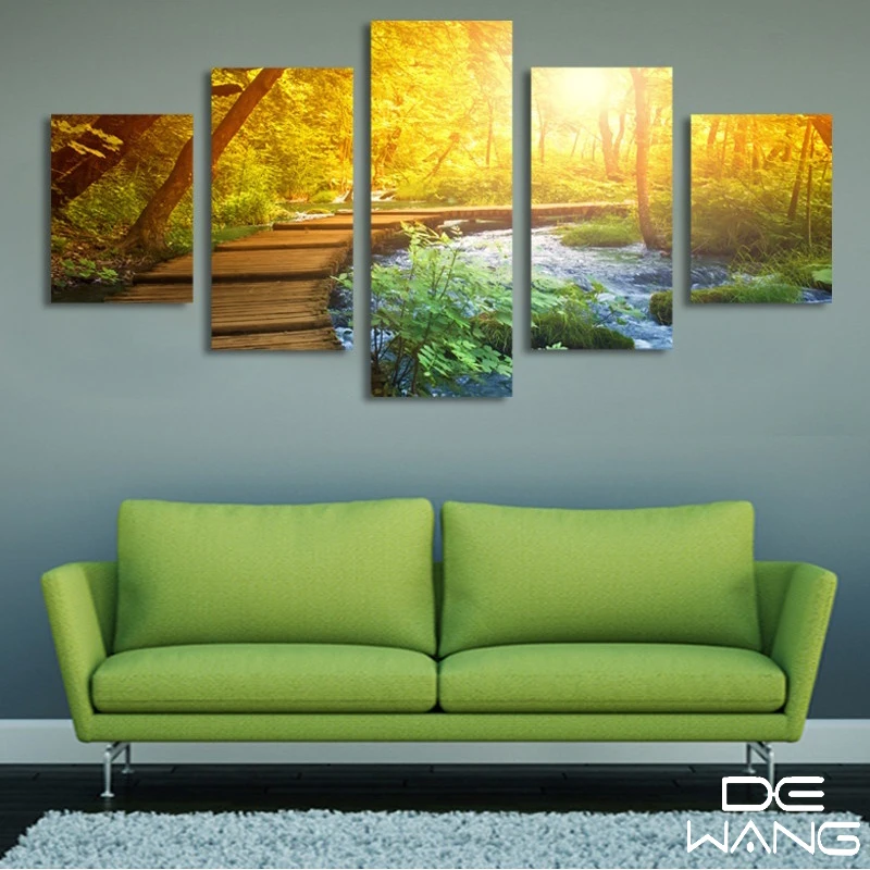 5 Piece Canvas Frame Modern Abstract Mountain Tree River