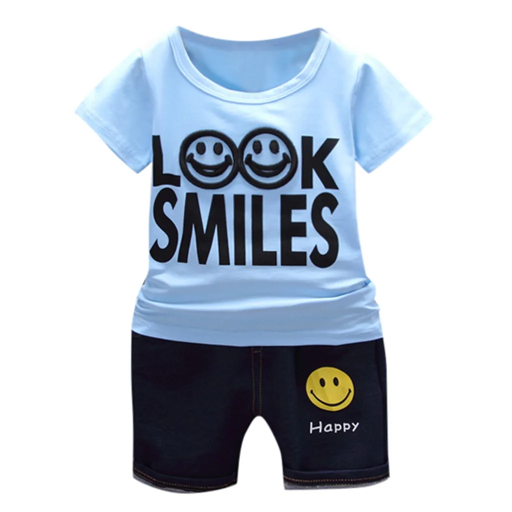 Комплекты одежды для мальчиков детская одежда vetement enfant fille/Детская Однотонная футболка с надписью для маленьких девочек джинсовые шорты с принтом комплект из 2 предметов - Цвет: Blue