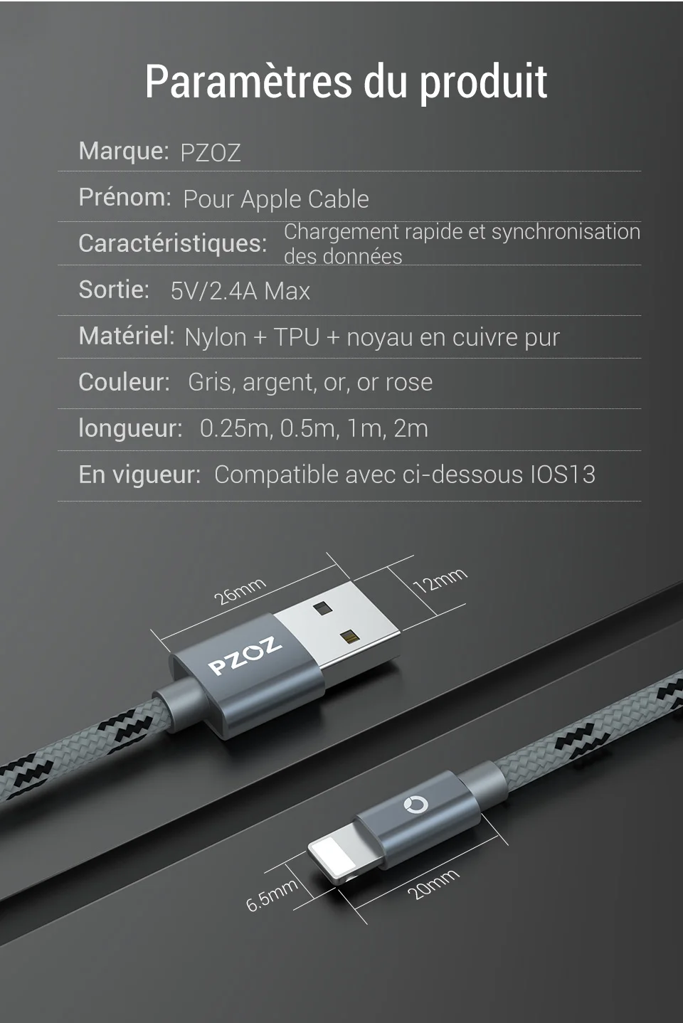 Câble usb PZOZ pour câble iphone 11 pro max Xs Xr X 8 7 6 plus 6s 5 s plus ipad mini 4 câbles de charge rapide chargeur de téléphone portable