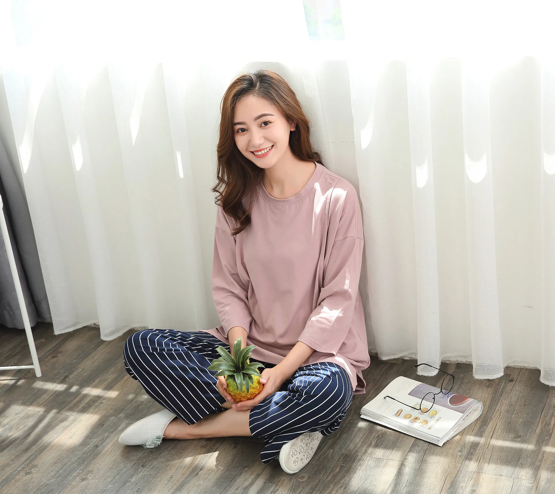 

Pregnant women spring and summer cotton stripe pants + casual pajamas home service suit maternity dress autumn nursing clothes