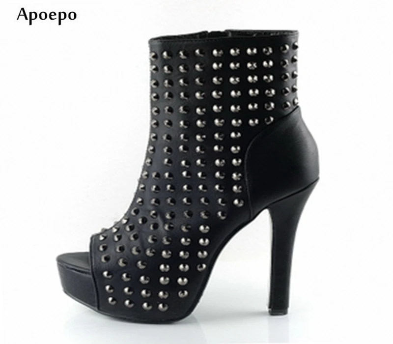 

New Black Leather Punk Style High Heel Boots 2018 Sexy Peep Toe Silver Rivets Studded Thin Heels Ankle Boots