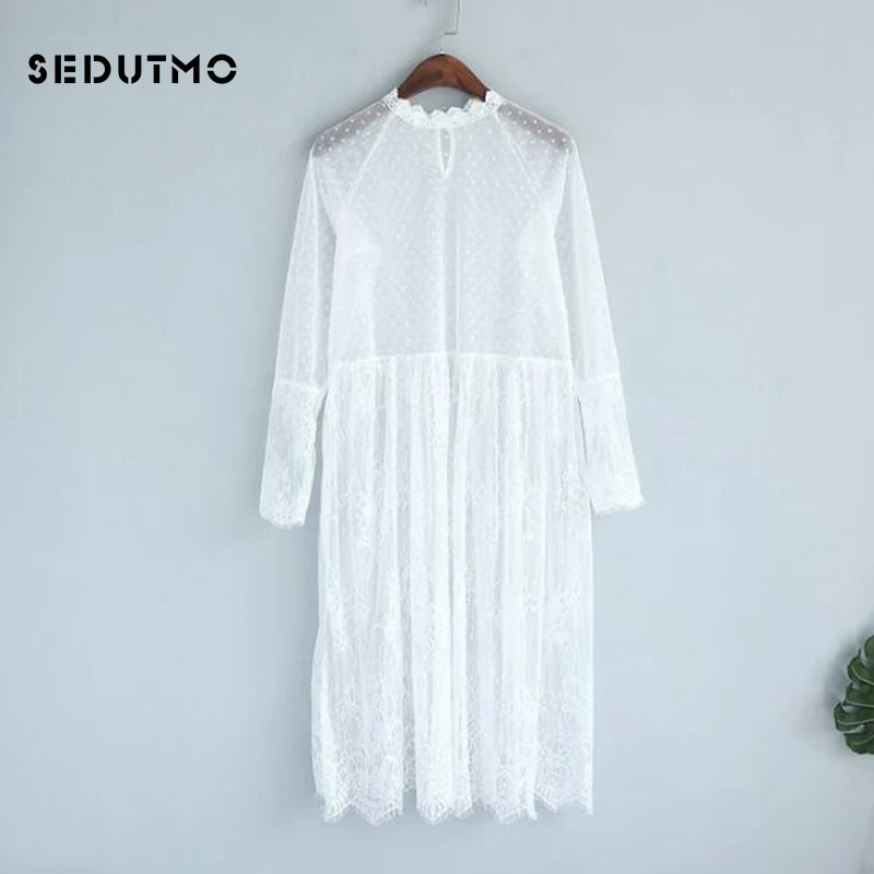 SEDUTMO Summer Lace Dress Women Long Sleeve Sexy Maxi Mesh Dresses Beach Basic Vintage Black Party Dress ED018