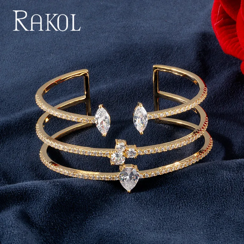 

RAKOL New Arrival Exquisite Water Drop Shape Micro Pave Setting Big Cuff Bracelets Bangle for Fashion Women Wedding