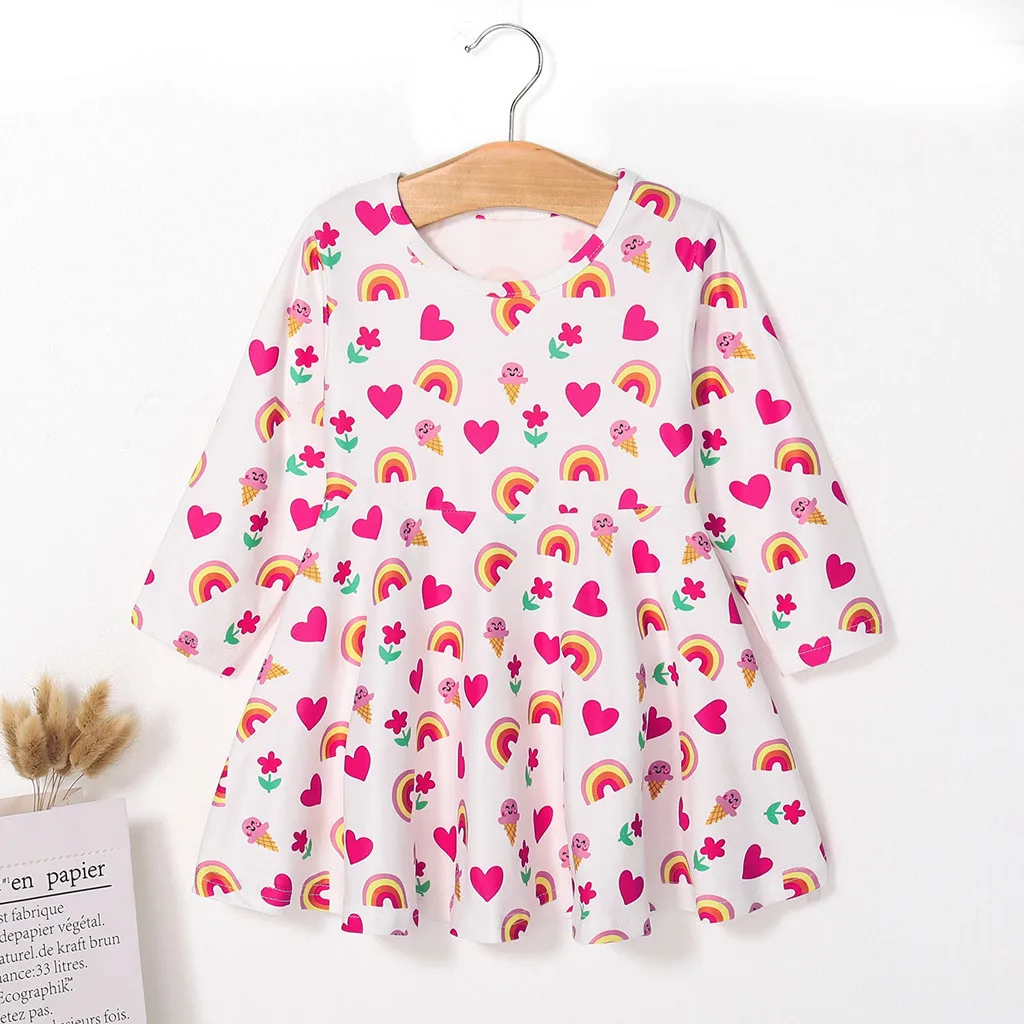 

Toddler Kid Baby Girl Long Sleeve Rainbow Heart Print Princess Dress Clothes New arrival 2019