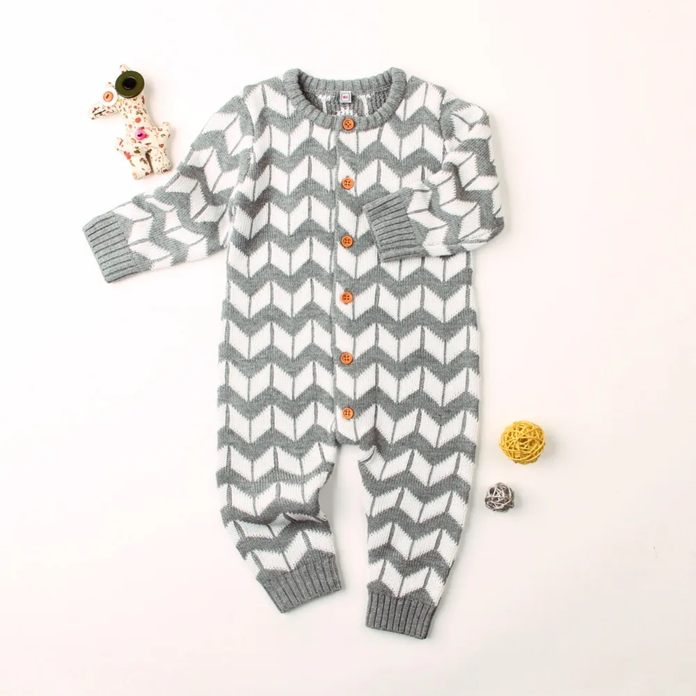 2018 Autumn Newborn Baby Rompers Grey Striped Knitted Toddler Girls