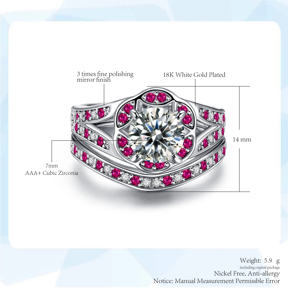 Double Fair Geometric Flower Crystal Rings For Women Engagement Ring Set White Gold Copper Jewelry DFYG014
