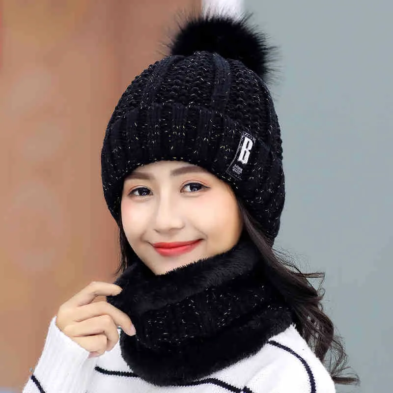Set black Брендовые зимние вязаные шапочки шапки женские толстые теплые шапочки Skullies шапка женская вязаная шапка с буквенным принтом шапочки уличные наборы для езды на велосипеде - Цвет: Set black