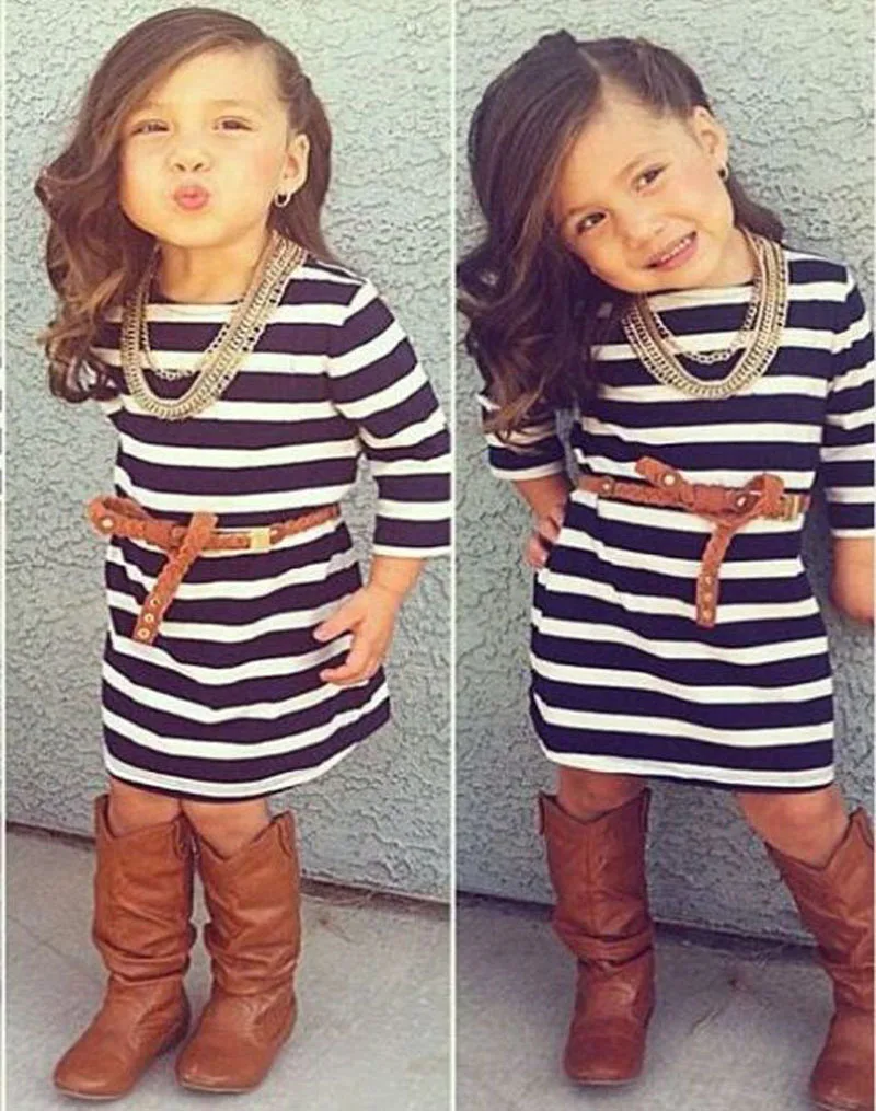 elegant Children clothing summer Long sleeve o neck black white striped dress with blet  toddler kids dresses for girls DY109C