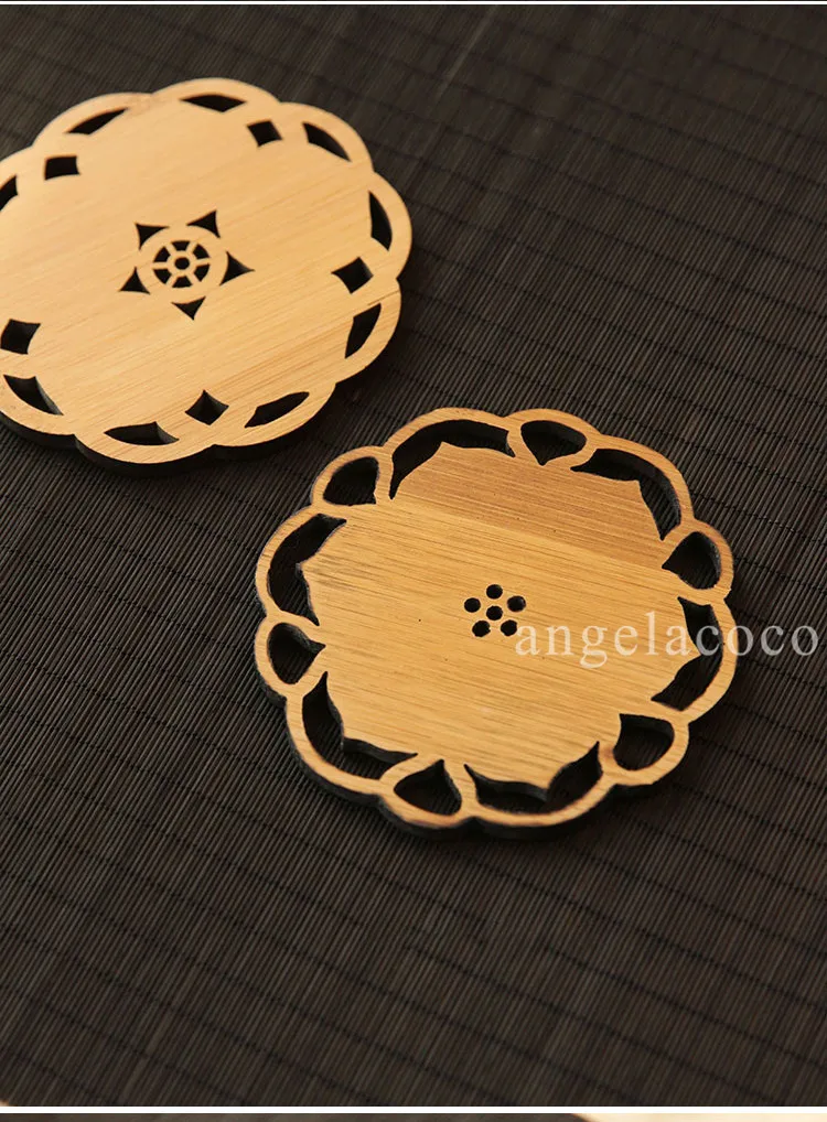 6 Pcs Round Bamboo Coffee Coaster Set Anti-slip Mat Table Decoration Accessories Flowers Cup Pad Hollow Carving Handmade Wooden