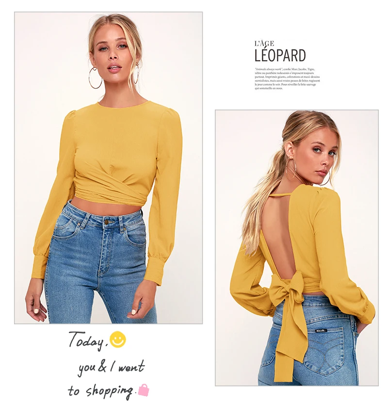 Backless Crop Top Mujer T Shirt Women Sexy Long Sleeve T Shirts Ladies Plus Size Tops Spring Short Tshirt Bandage Solid T-shirt  (5)
