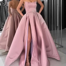 Розовая Румяна для выпускного вечера платья с карманами с Боковым Разрезом без бретелек атласные элегантные длинные вечерние платья винно-красного цвета для женщин