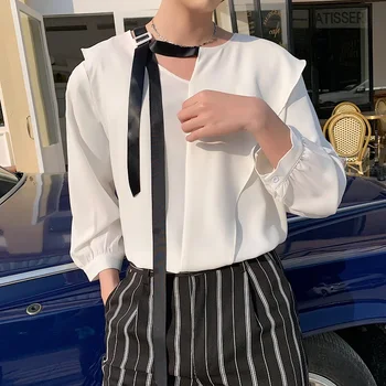 

Men Summer Lotus Leaf Collar Ribbons Loose Casual White Pullover Shirt Male Women Streetwear Party Dress Shirt Couple Clothing