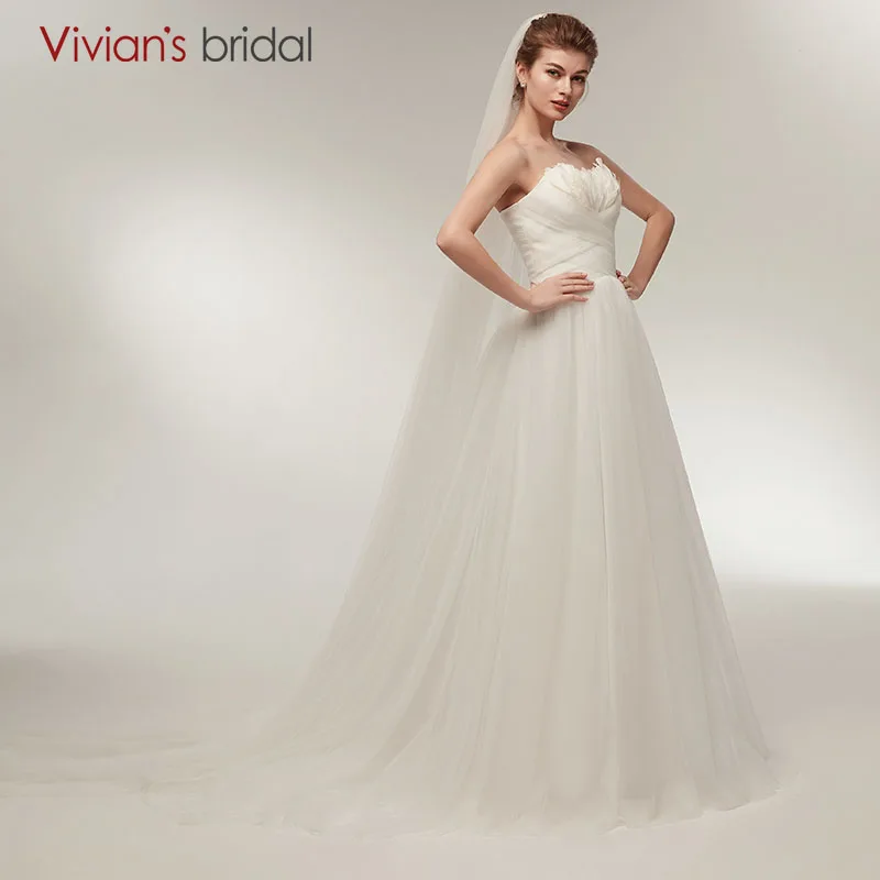 

A Line Wedding Dress Sweetheart with Feathers Vivian's Bridal Tulle Wedding Gown robe de mariee