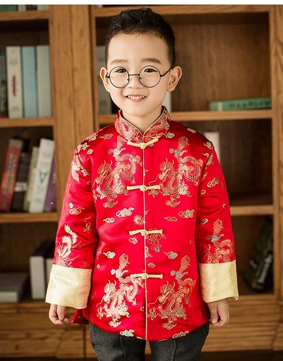 Красный Атласный топ Чонсам; парчовая детская одежда в китайском стиле на год; зимняя куртка для мальчиков; детская ветровка; пальто для мальчиков; Chipao - Цвет: Бежевый