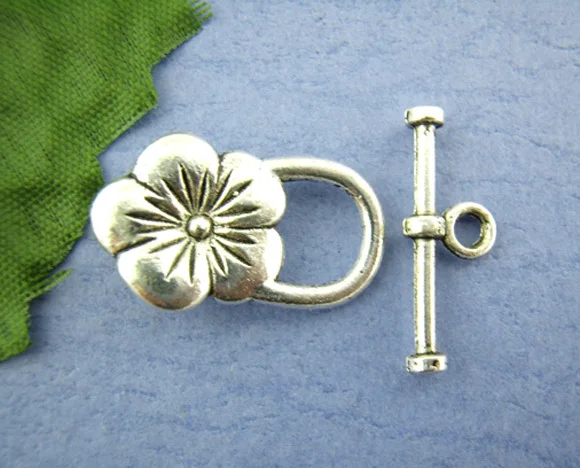 

100Sets Antique Silver Tone Toggle Clasps Flowers Fleur Fermoirs Jewelry Findings 13x22mm