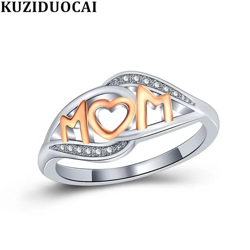 

Kuziduocai New Fashion Jewelry Zircon Stainless Steel MOM Heart Interweave Wedding Bride Party Rings For Women Girl Mujer R-757