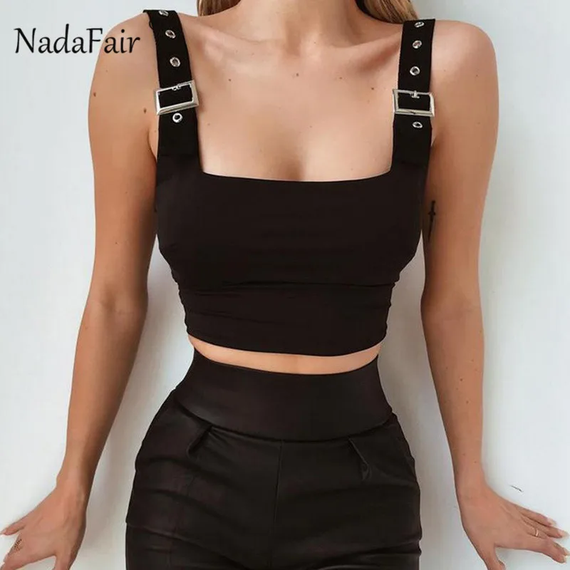 Nadafair черная белая сексуальная повседневная майка с металлической пуговицей, регулируемый клубный укороченный Топ для женщин, майка для фитнеса, женская одежда, топы