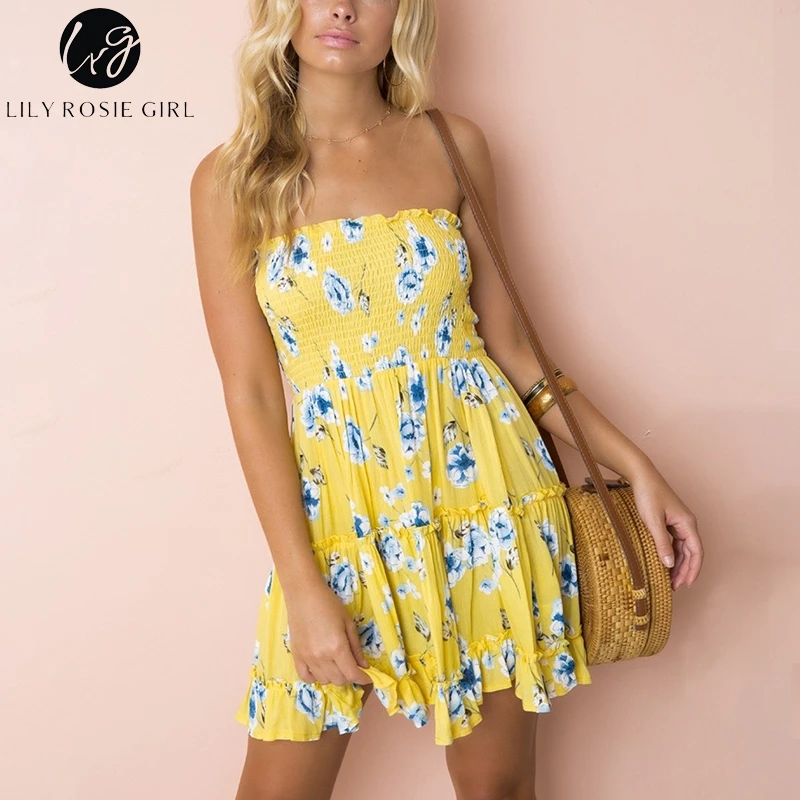 

Lily Rosie Girl Sweat Ruffles Print FLoral Dress Strapless Beach Boho Dress Yellow Short Sleeveless Summer Dress Girls Vestidos
