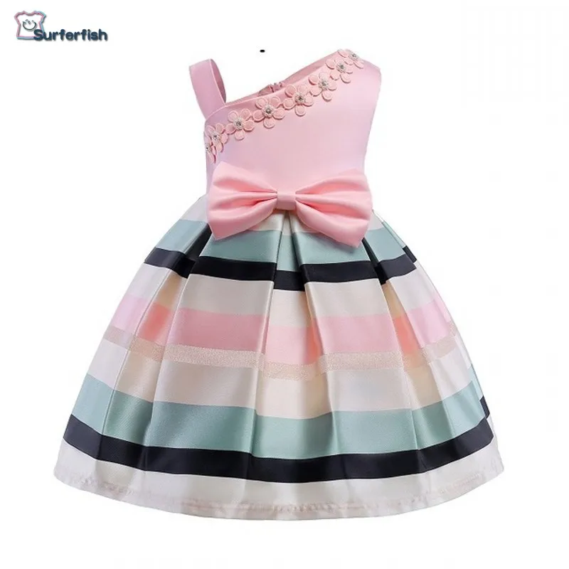 

Free Shiping Girls Kids Wholesale One Shoulder Flowers Bow Dress Stripe Big Girls Kids Summer Dress Valentine's Day Party Wear