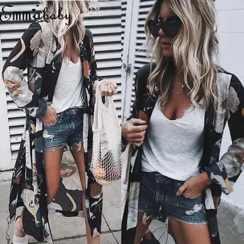 

2018 New Brand Sexy Women Summer Blouse Floral Chiffon Long Sleeve Kimono Cardigan Long Top