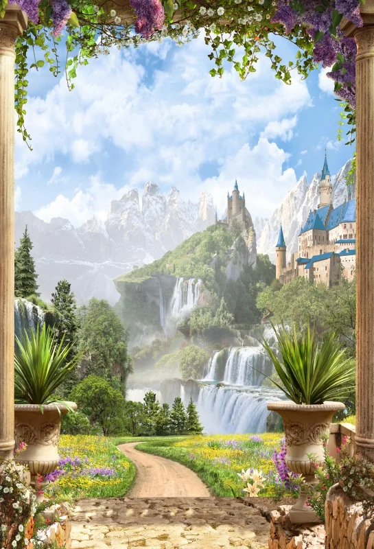 Laeacco Castle On Mountains Landscape Flowers Garden Arch Photography Backgrounds For Photo Studio Vinyl Custom Photo