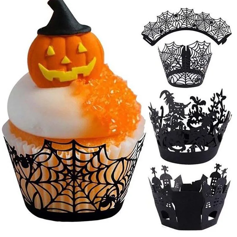 

12pcs Halloween Decoration Black Hollow Paper Witch Spider web Castle Cupcake Wrappers Halloween Party Cake Decorations For Kids