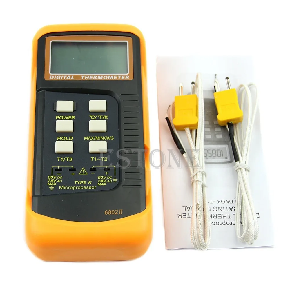 

OOTDTY Dual 2 Probe Sensor K-Type Digital Thermometer Thermocouple 5 Digits Large LCD Display