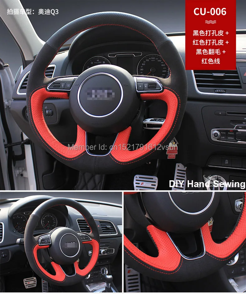 Для Audi Q3 Высокое качество ручная прошитая противоскользящая красная Черная кожа черная замша красная нить DIY чехол на руль