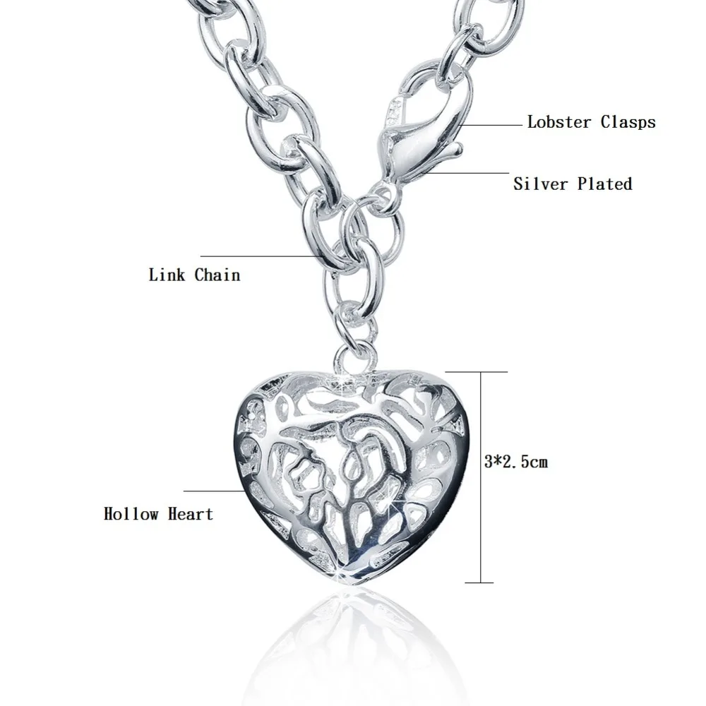 8MM/46CM Link Chain Lobster Clasps Hollow Heart Pendant Necklace Silver
