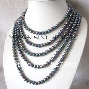 

Wholesale free shipping >>100" 7-8mm Peacock Freshwater Pearl Strand Necklace Cultured