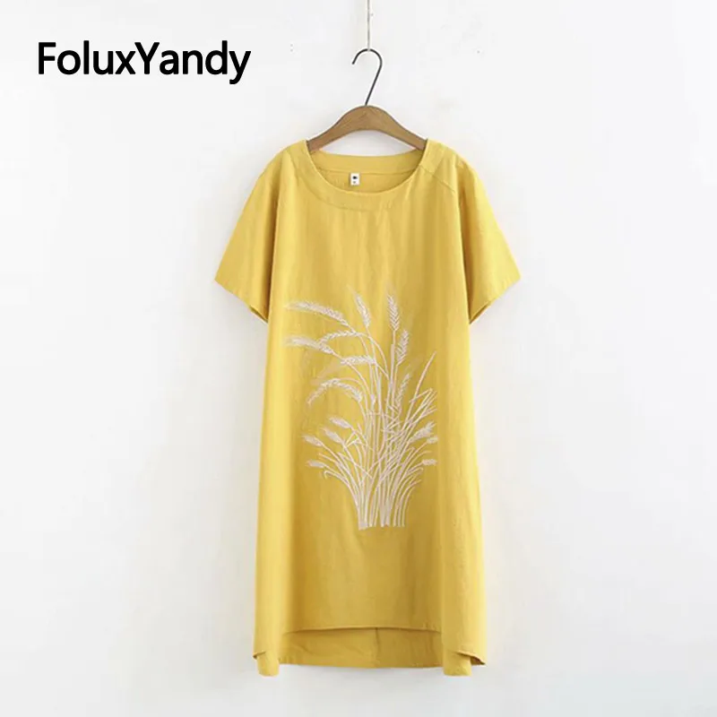 

2019 Short Sleeve Summer Dress Floral Embroidery Casual O-neck Women Cotton and Linen Midi Dress Vestidos 4 Colors KKFY3506