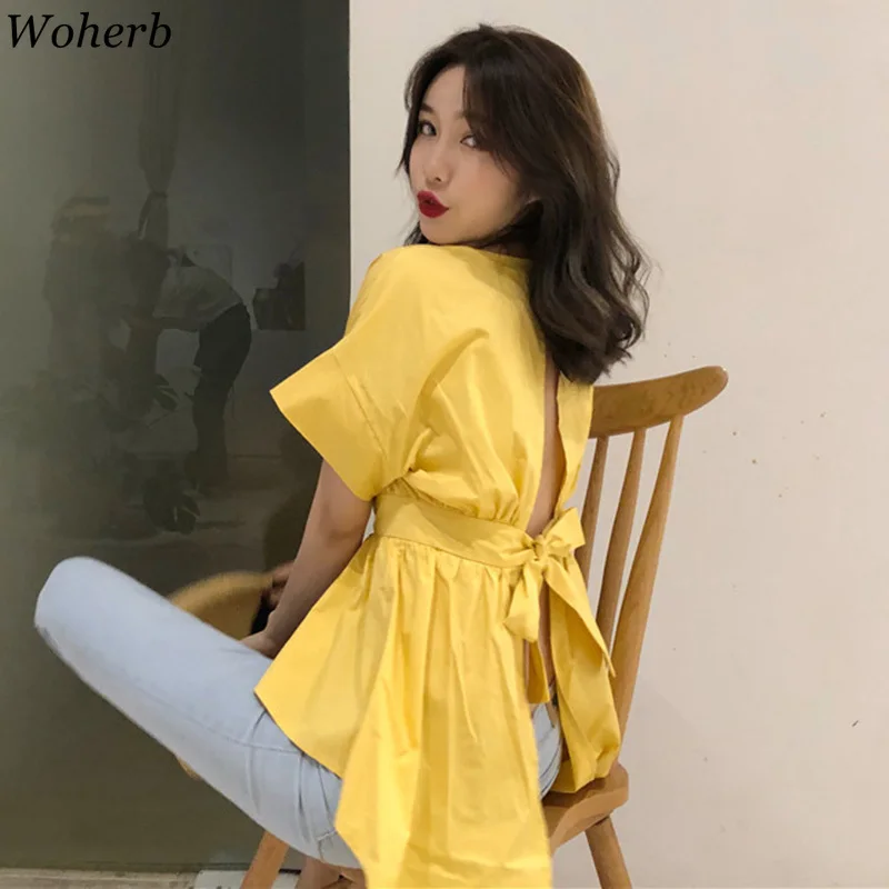 

Woherb Summer Sexy Backless Blouse Women Casual Solid Asymmetrical Shirt 2019 Korean Vintage Blusas Stretwear 21408