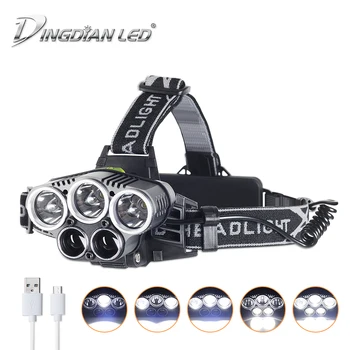 

USB Rechargeable Headlight 25000lm Headlamp 6 Modes 5 High Quantity Cree LED Source Outdoor Flashlight Lantern 18650 Battery