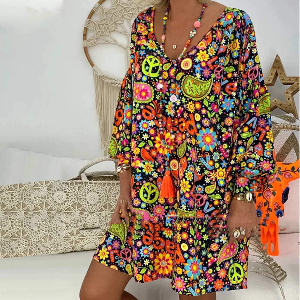 

Summer Plus Size Dress Women Floral Print Boho Loose Long Sleeve Irregular Mini Dress Casual V-Neck Party Robe Femme Vestidos