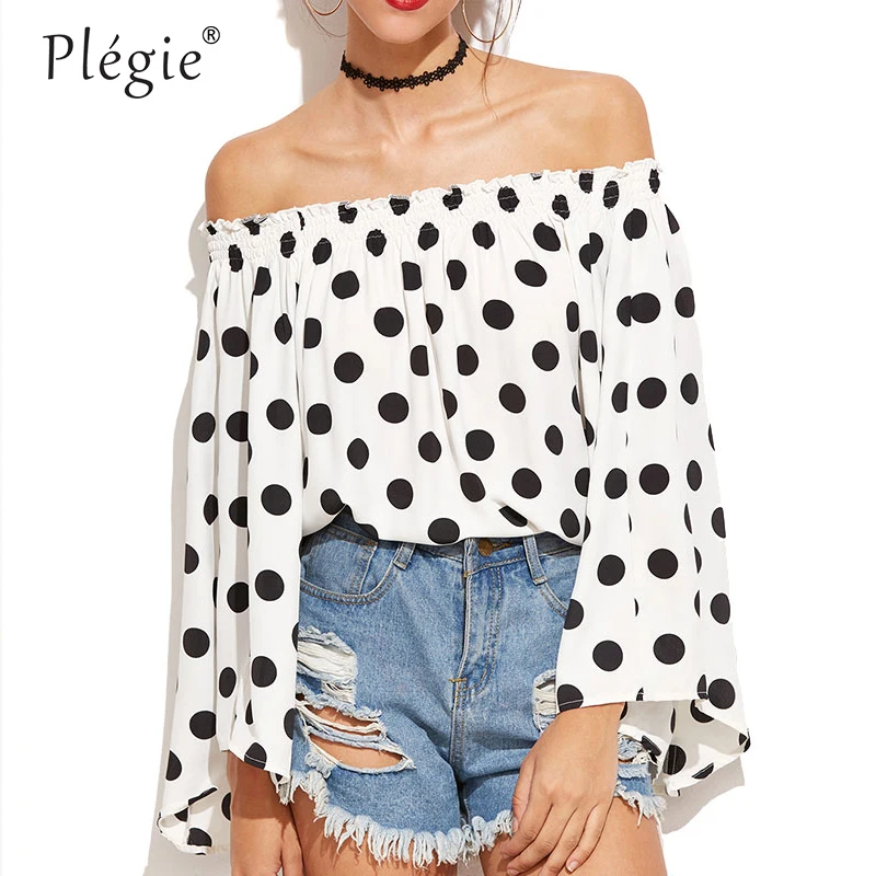 

Plegie Women's Slash Neck Tops 2018 New Blouse Long Flare Sleeve Party Elegant Shirt For Female Sexy Off Sholder Tee Shirt