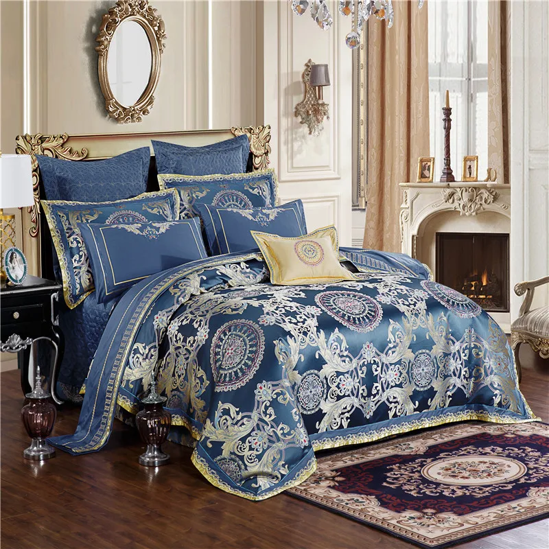 Waliicorners Blue Luxury Royal Bedding set King Queen size Bed set Embroidery Satin Jacquard duvet cover bed/flat sheet set bed cover set 8 N42A9801