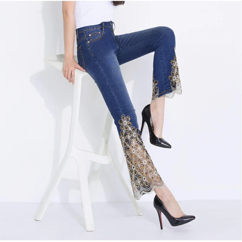 FERZIGE Summer Women Jeans Light Blue Thin Stretch Sexy Lace Ruffles Flares Embroidered Skinny Sequined Slimming Ladies Pants 36 Jeans