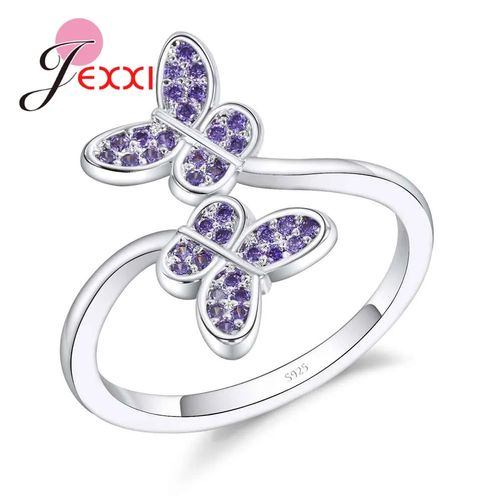 Fashion Opened Ring High Polish Double Cute Love Butterfly Small Purple Cubic Zirconia Crystal 925 Sterling Silver Wedding | Украшения и