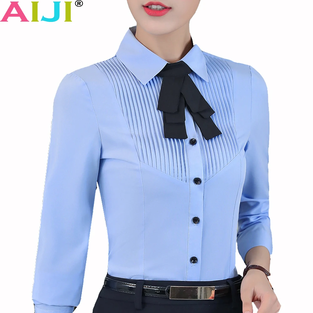 white blue women long sleeve shirt OL elegant bow tie