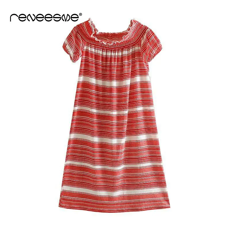 

summer 2019 new striped loose women dress short sleeve slash neck mid-calf casual midi elastic pleasted chic dresses vestidos