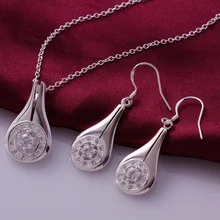 Silver plated noble luxury elegant high quality water drops zircon two piece sets hot selling classic models silver jewelry S685