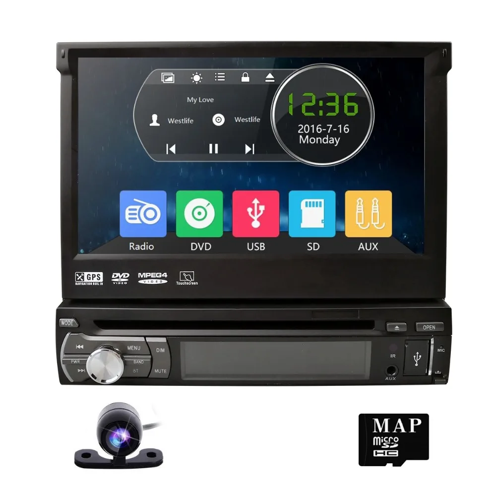 

1 Din 7'' Car Radio Stereo Monitor DVD Player Touch Screen GPS FM with USB Bluetooth Multimedia SWC RDS DAB+ Free Camera SD card