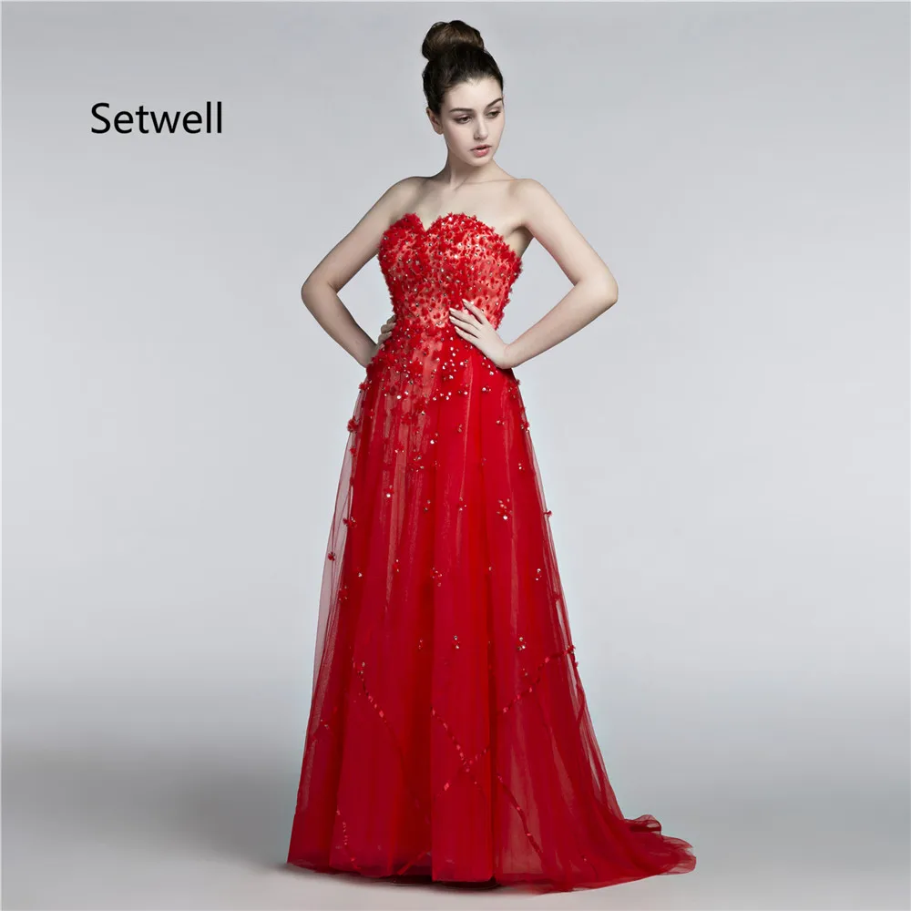 

Setwell 2017 Long Red Evening Dresses Sexy Strapless Backless Evening Gowns Applique Sequin Prom Dress Custom Made Dress