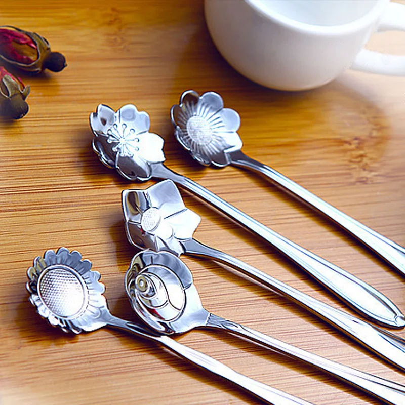5pcs Tea Spoon Ice Cream Coffee Scoop Stainless Steel Flower Shape Soup Spoon Tableware Five Style For Choose